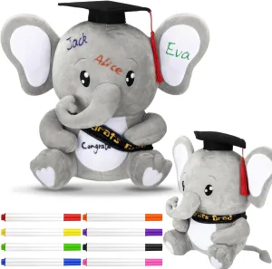 12 Inch Graduation Autograph Stuffed Animal Elephant Plush with Graduation Cap Smooth Fabric Congrats Grad Stuffed Elephant with 8 Colored Marking Pens for Graduate Student Party Supply