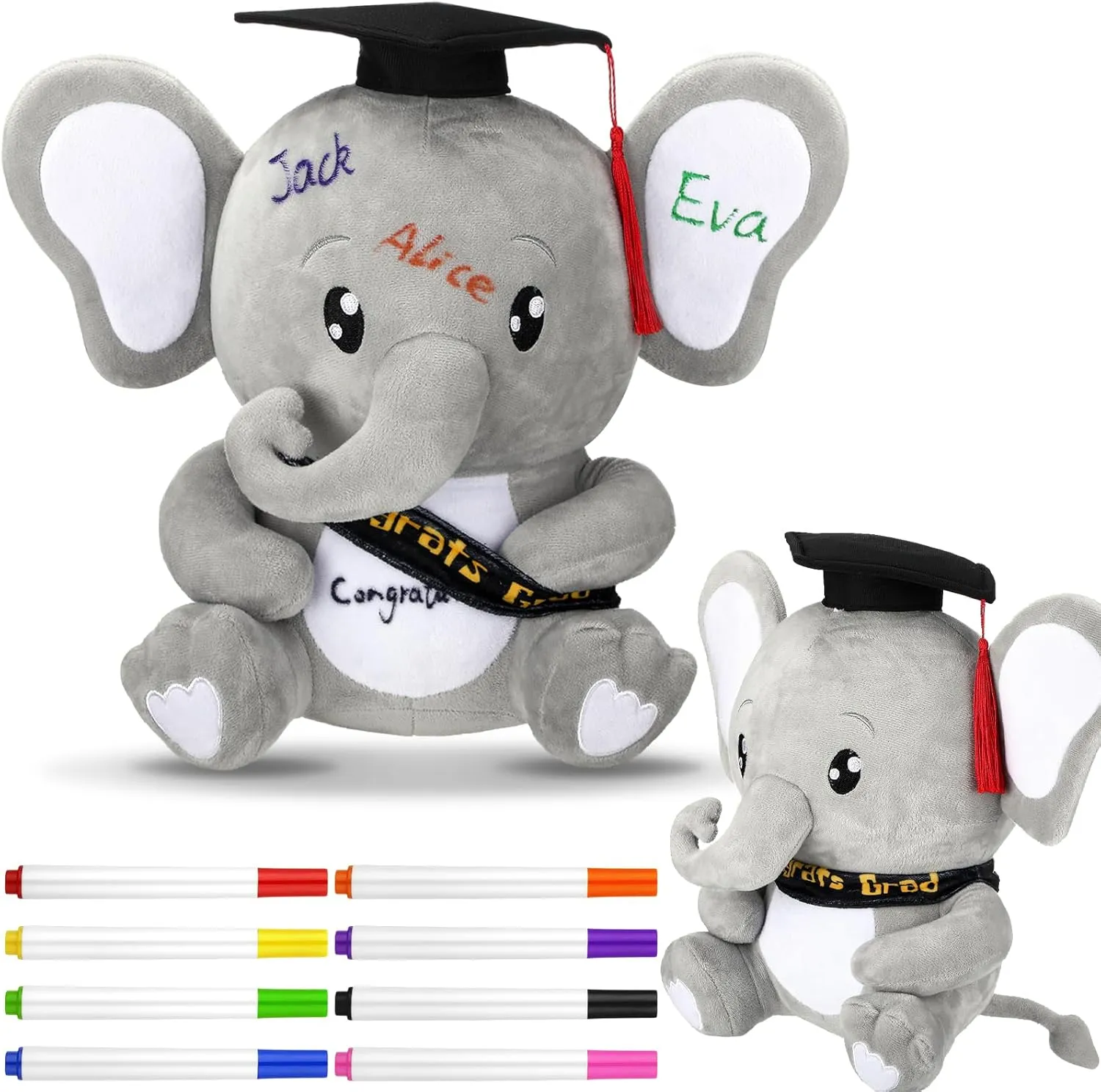 12 Inch Graduation Autograph Stuffed Animal Elephant Plush with Graduation Cap Smooth Fabric Congrats Grad Stuffed Elephant with 8 Colored Marking Pens for Graduate Student Party Supply