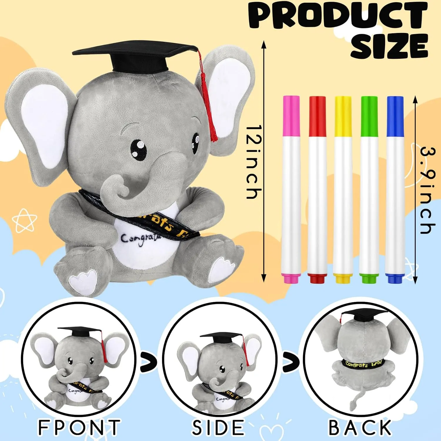 12 Inch Graduation Autograph Stuffed Animal Elephant Plush with Graduation Cap Smooth Fabric Congrats Grad Stuffed Elephant with 8 Colored Marking Pens for Graduate Student Party Supply