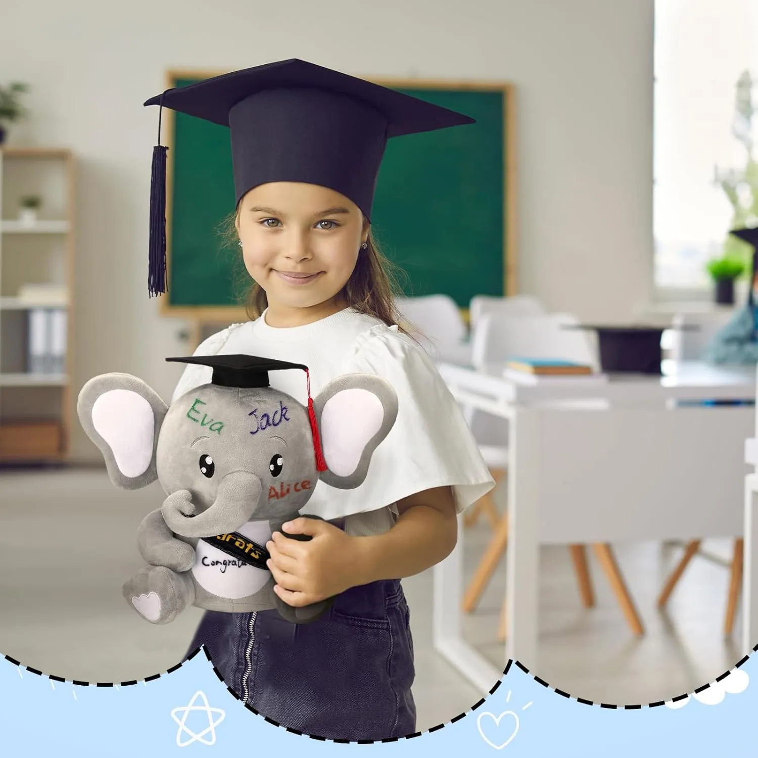 12 Inch Graduation Autograph Stuffed Animal Elephant Plush with Graduation Cap Smooth Fabric Congrats Grad Stuffed Elephant with 8 Colored Marking Pens for Graduate Student Party Supply