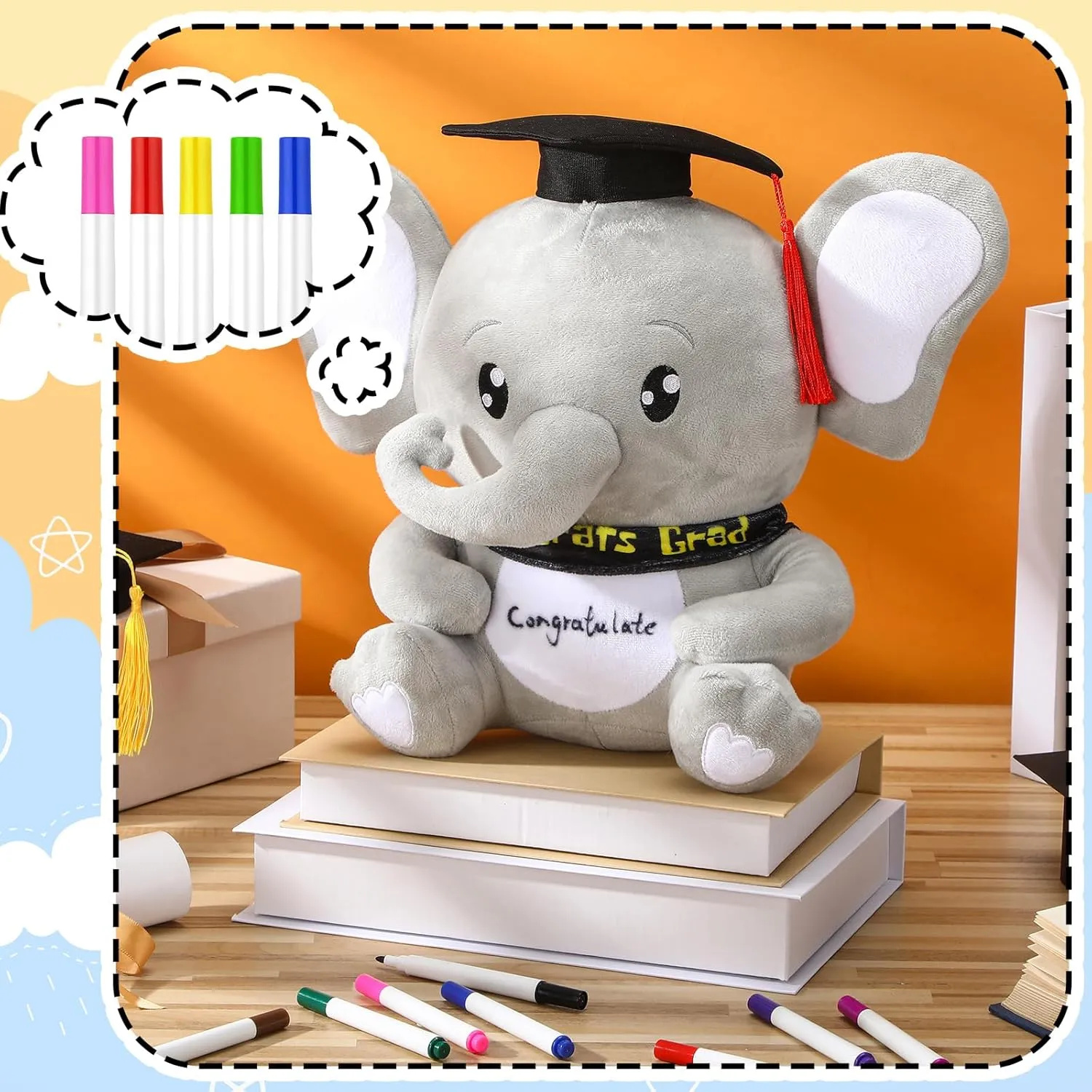 12 Inch Graduation Autograph Stuffed Animal Elephant Plush with Graduation Cap Smooth Fabric Congrats Grad Stuffed Elephant with 8 Colored Marking Pens for Graduate Student Party Supply