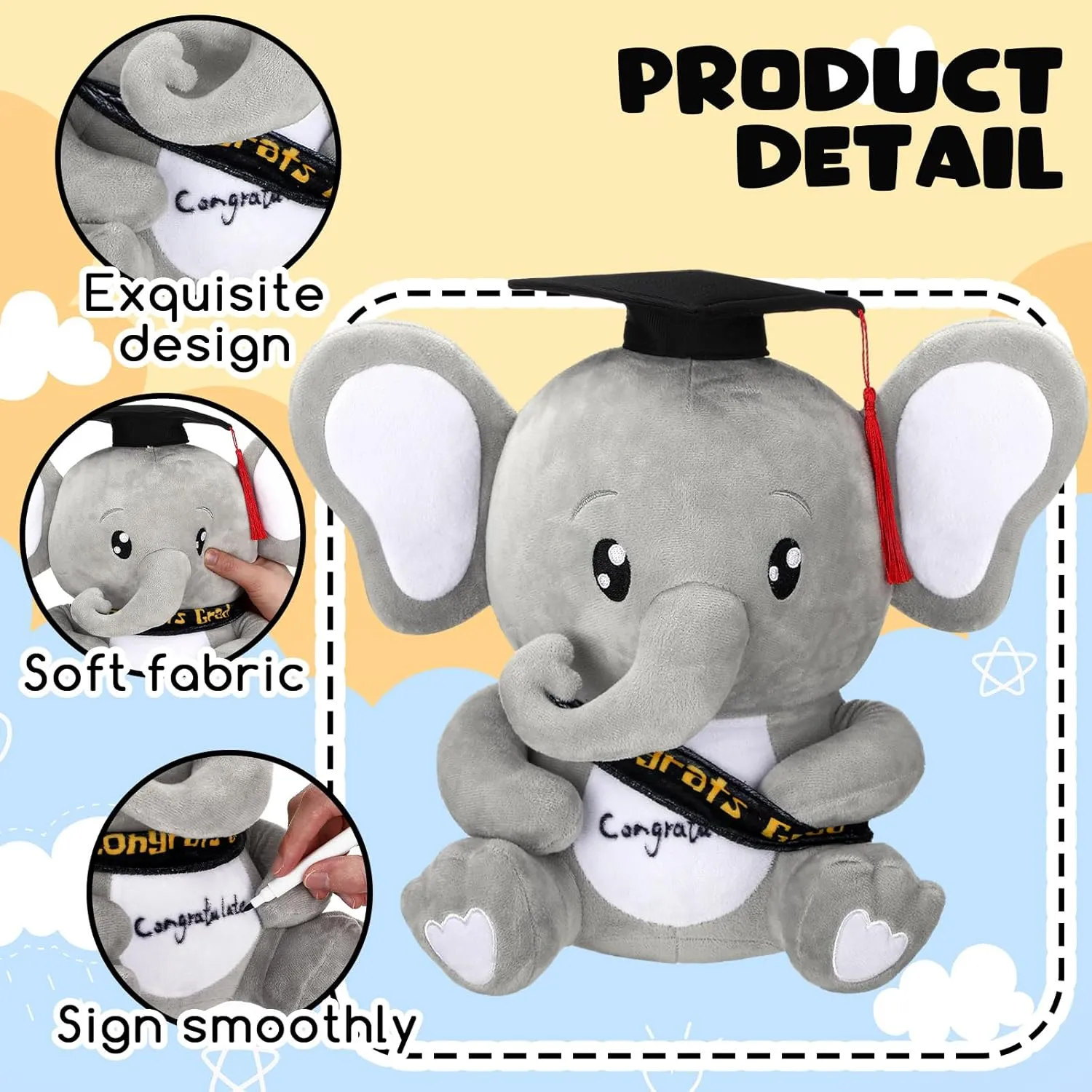 12 Inch Graduation Autograph Stuffed Animal Elephant Plush with Graduation Cap Smooth Fabric Congrats Grad Stuffed Elephant with 8 Colored Marking Pens for Graduate Student Party Supply