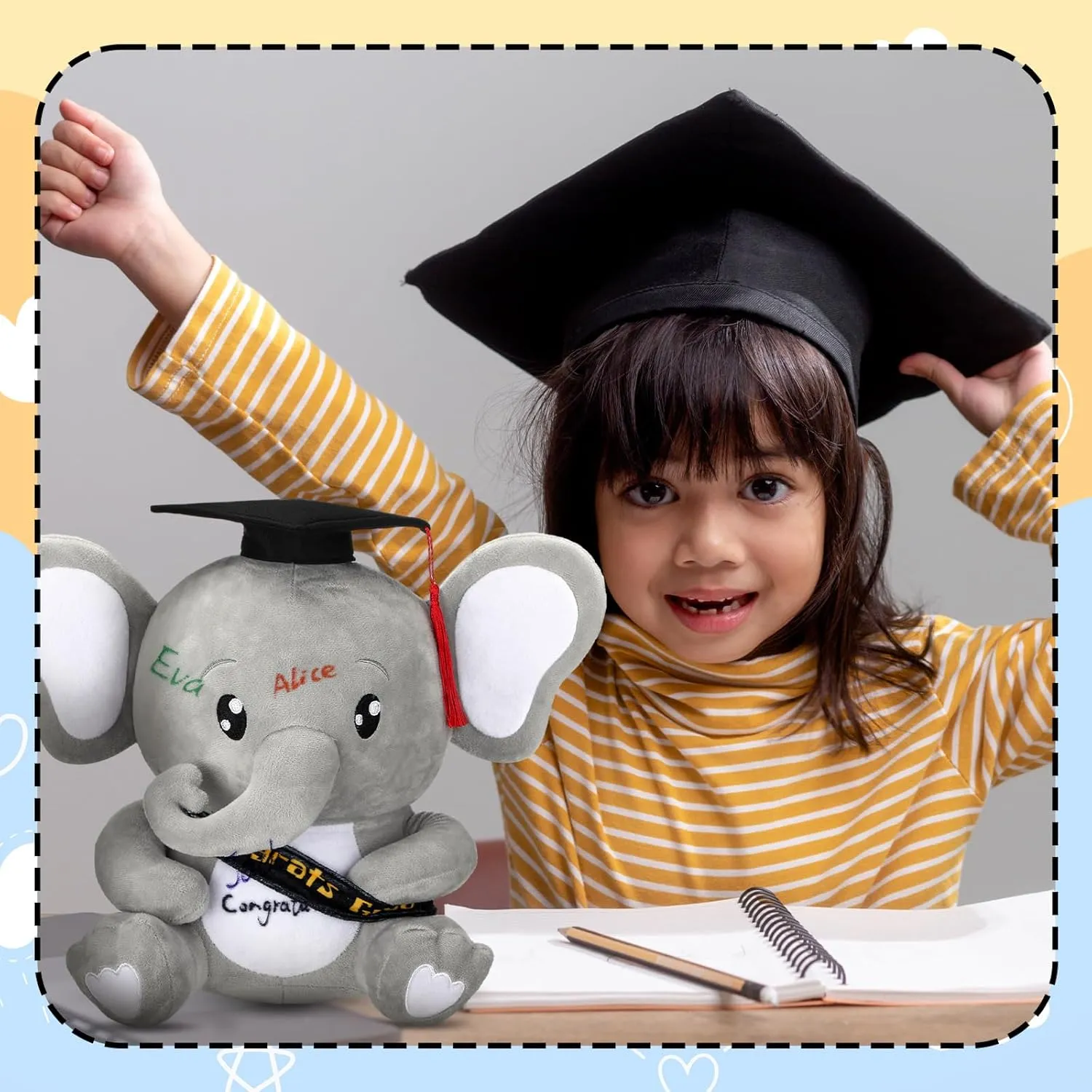 12 Inch Graduation Autograph Stuffed Animal Elephant Plush with Graduation Cap Smooth Fabric Congrats Grad Stuffed Elephant with 8 Colored Marking Pens for Graduate Student Party Supply