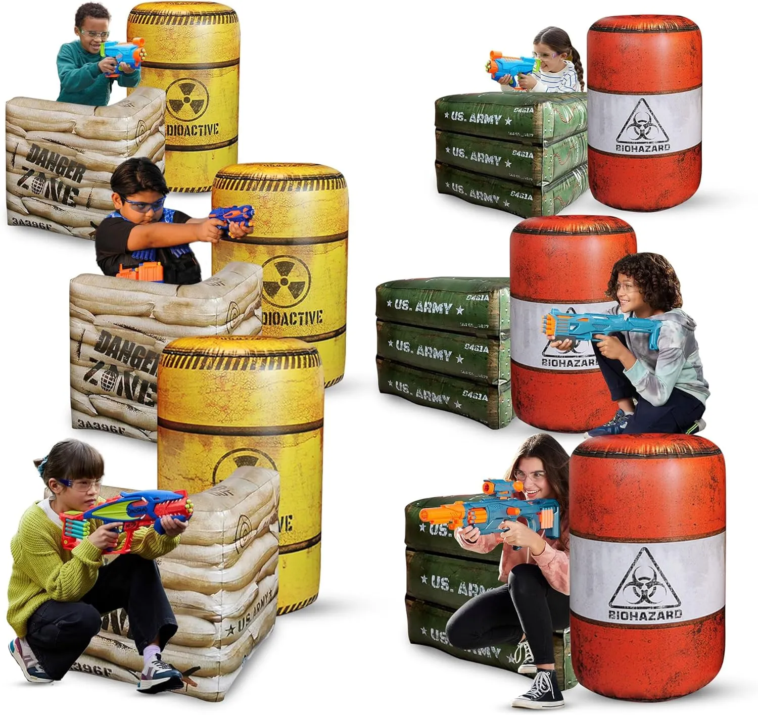 12-Piece Inflatable Combat Battlefield Set — Includes 6 Barrels, 3 Army Boxes, 3 Sandbag Barricades for Laser Tag, Water Gun, Dart Blaster, and Action-Themed Parties