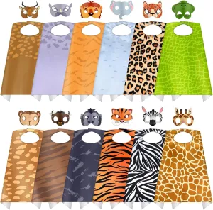 12 Set Safari Animal Mask and Capes Kids Jungle Safari Theme Party favors Cosplay Wild Birthday Decorations Animal Costumes Dress Up Set for Kids Birthday Party Supplies