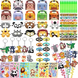 122 PCS Jungle Safari Party Favors Set for Kids,Wild Animals Theme Party favors Birthday Gifts Masks Keychains Gift Boxs Goodie Bag Fillers Jungle Safari Party Supplies for Kids