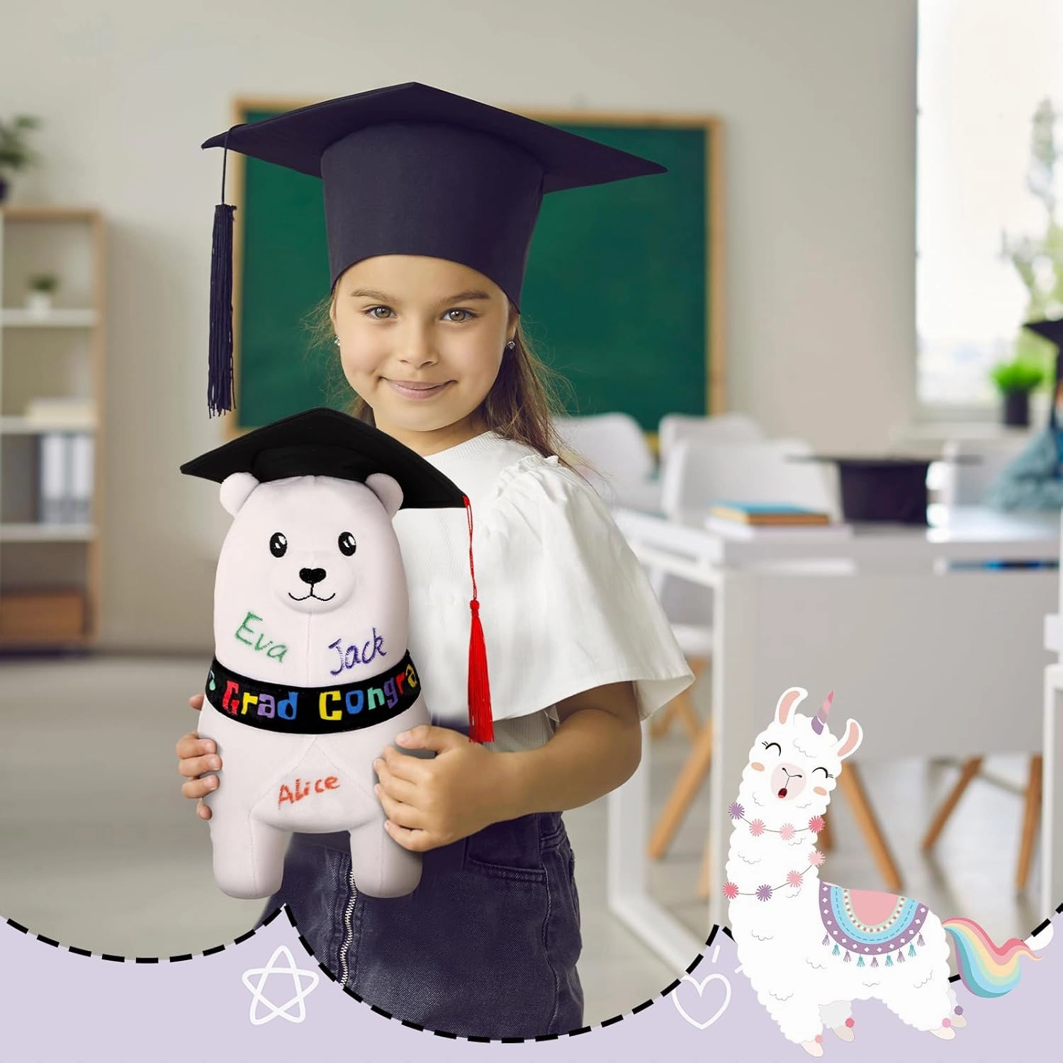 12 Inch Graduation Autograph Stuffed Animal Llama Plush with Graduation Cap Smooth Fabric Congrats Grad Stuffed Llama with 8 Colored Marking Pens for Graduate Student Party Supply