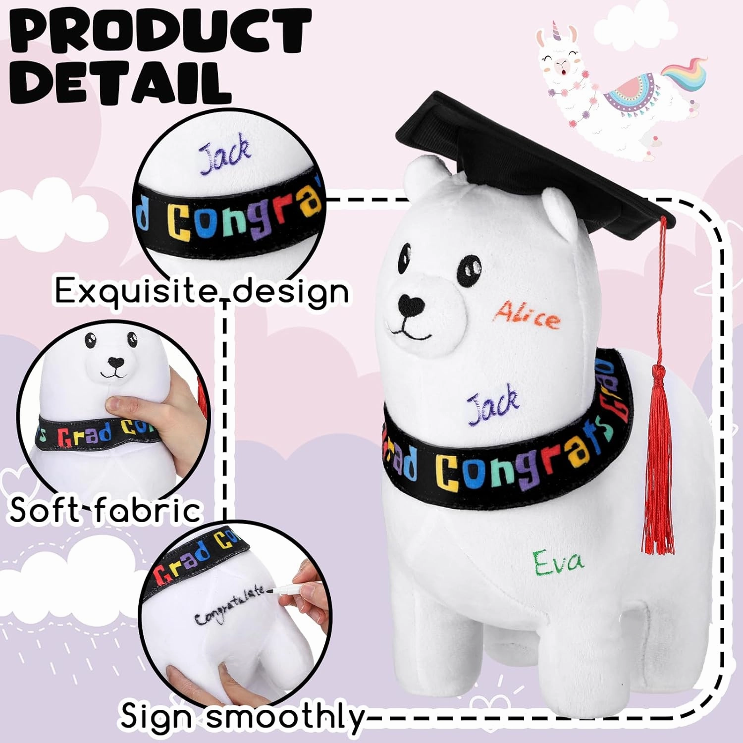 12 Inch Graduation Autograph Stuffed Animal Llama Plush with Graduation Cap Smooth Fabric Congrats Grad Stuffed Llama with 8 Colored Marking Pens for Graduate Student Party Supply