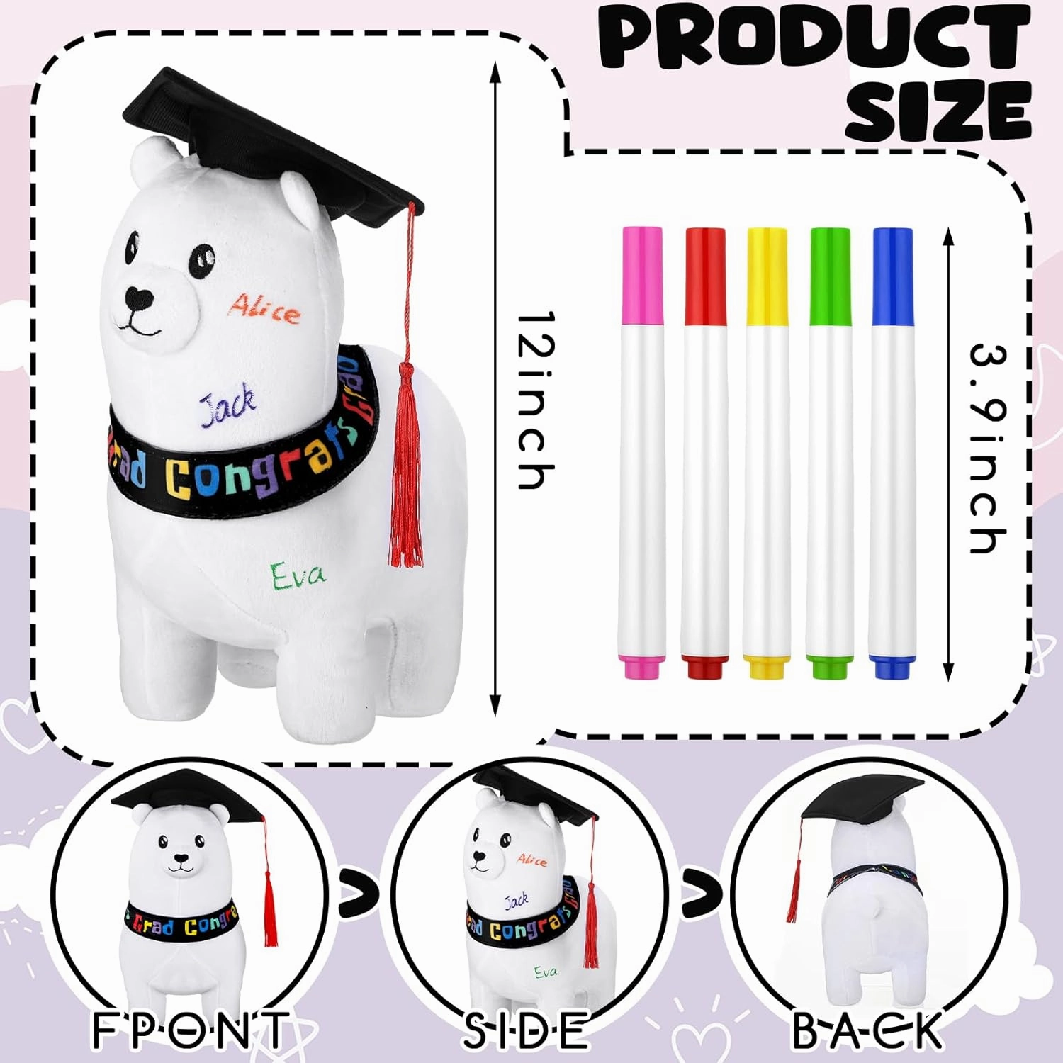 12 Inch Graduation Autograph Stuffed Animal Llama Plush with Graduation Cap Smooth Fabric Congrats Grad Stuffed Llama with 8 Colored Marking Pens for Graduate Student Party Supply