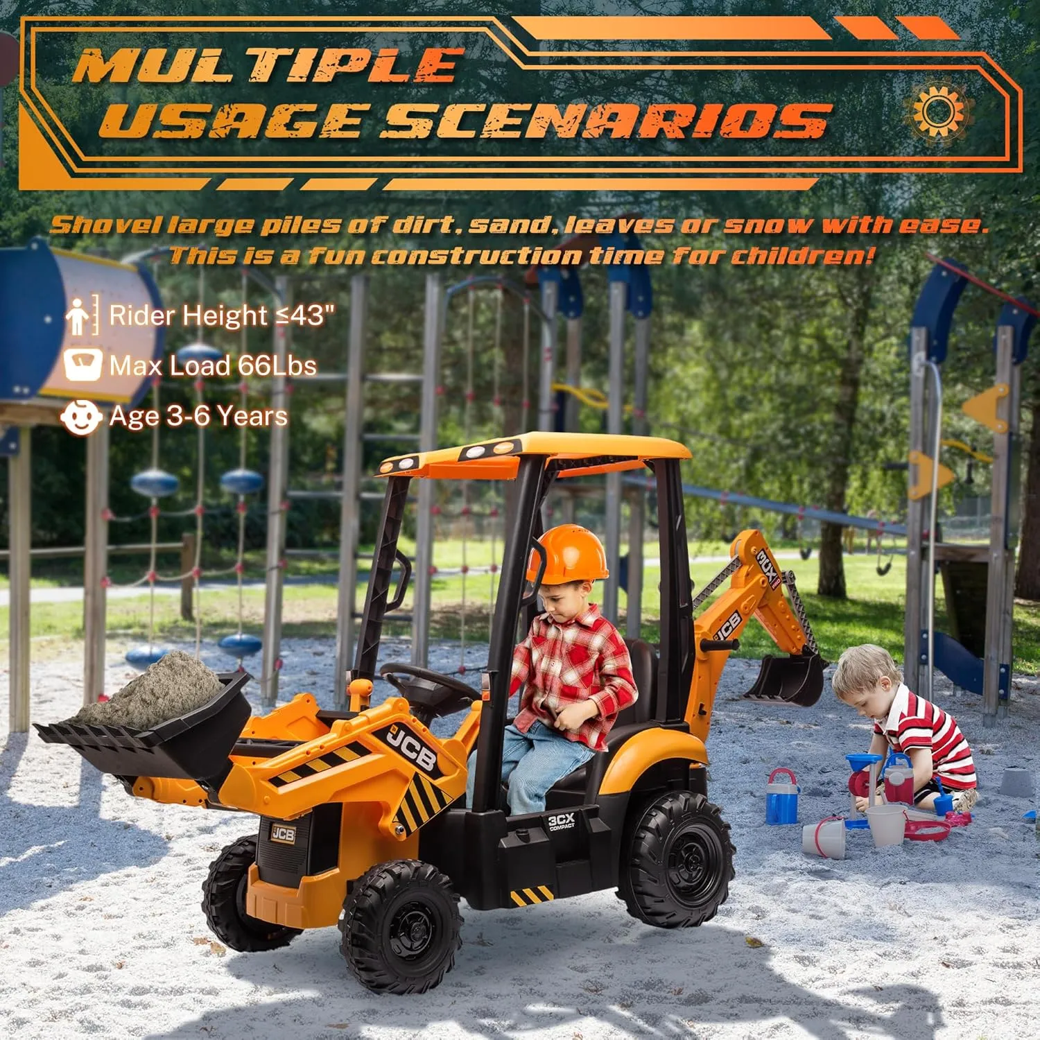 12V JCB Electric Backhoe Loader Toy Car for Kids, Battery Powered Ride on Construction Vehicle Toys w/Front Loader & Excavator, Remote Control, Moving Parts, Adjustable Seat, Soft Start