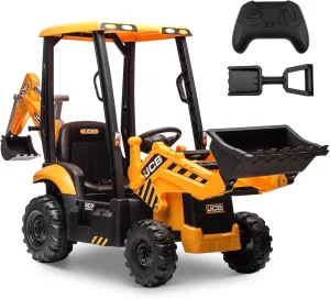 12V JCB Electric Backhoe Loader Toy Car for Kids, Battery Powered Ride on Construction Vehicle Toys w/Front Loader & Excavator, Remote Control, Moving Parts, Adjustable Seat, Soft Start