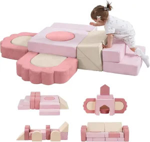 13 Pieces Foam Climbing Blocks for Toddlers 1-3|Floral Baby Soft Play Gym,Kids Indoor Crawing Climbers & Play Structures for Bedroom,Livingroom & Playroom,Pink & Beige