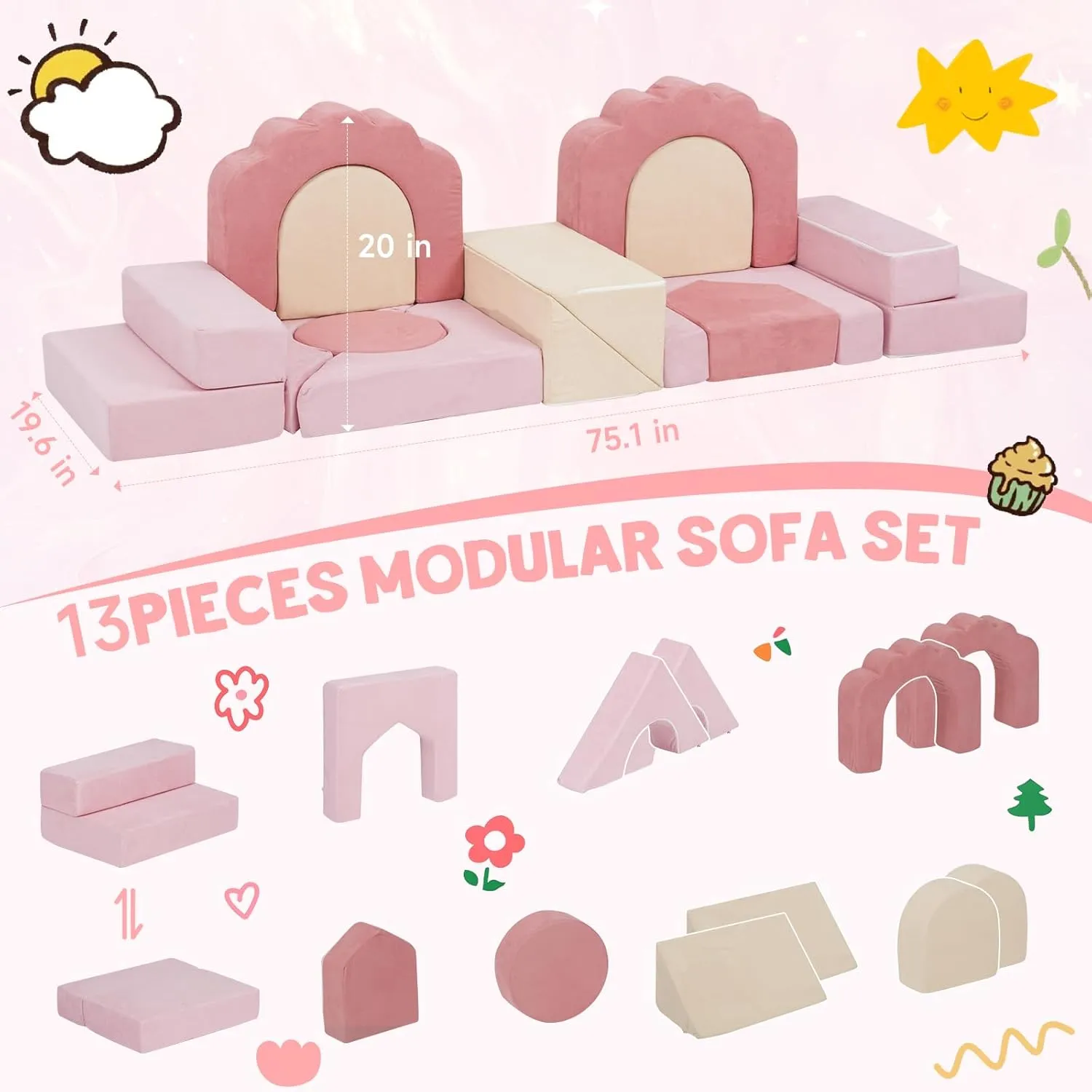 13 Pieces Foam Climbing Blocks for Toddlers 1-3|Floral Baby Soft Play Gym,Kids Indoor Crawing Climbers & Play Structures for Bedroom,Livingroom & Playroom,Pink & Beige