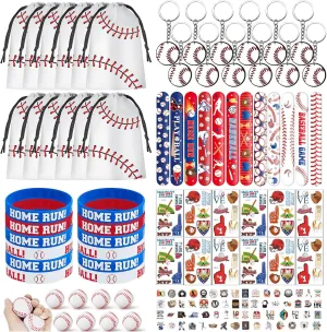 132 Pcs Baseball Party Favors Drawstring Bags Baseball Goodie Bag with Mini Ball, Wristband, Slap bracelets, Keychains, Baseball Stickers,Tattoo Stickers for Baseball Themed Party Supplies