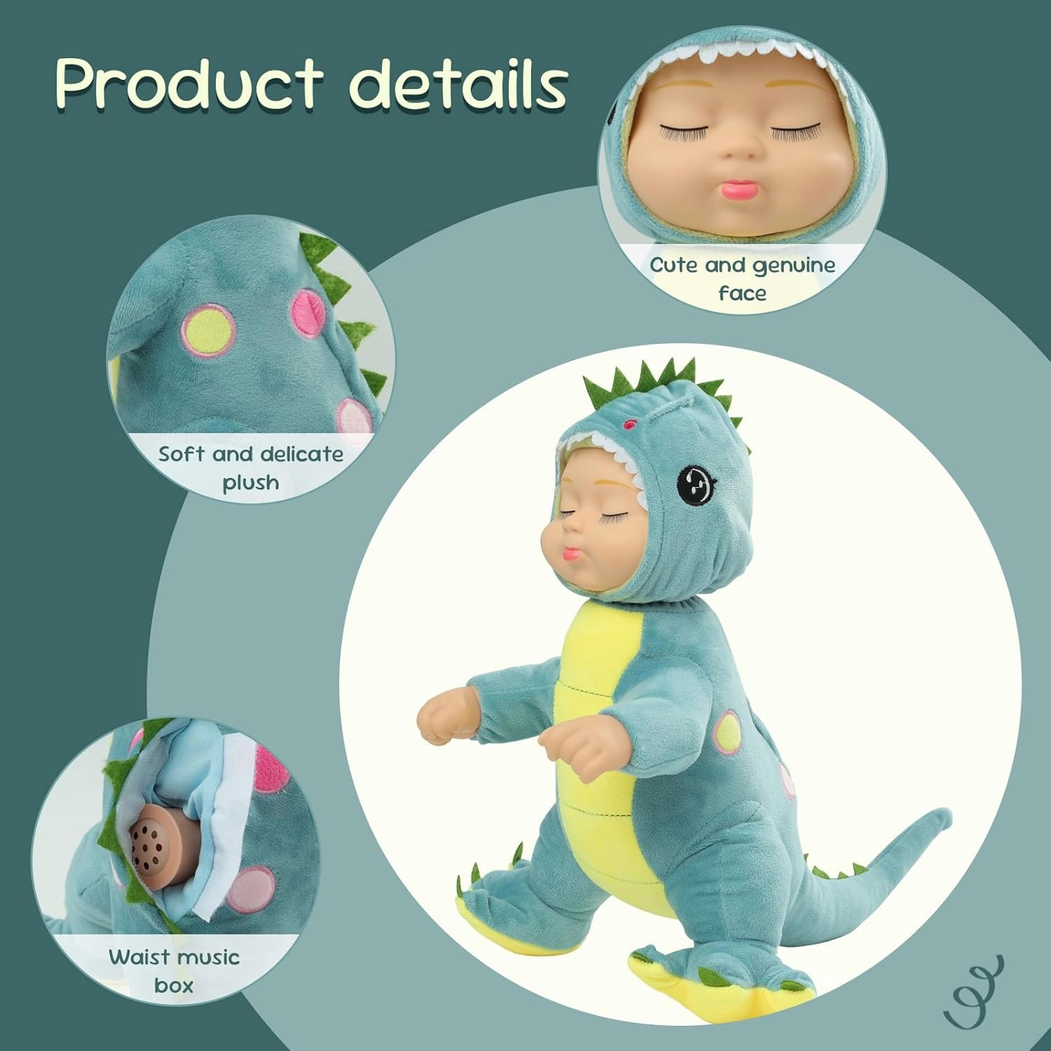 14in Baby Dolls Cute Realistic reborn Baby Dolls，soft plush toy,Lifelike Newborn Sleeping animal doll,Plush soft dinosaur toy,Music box with interactive singing feature for Kids Age 3  Gift