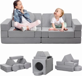 16Pcs Soft Play Blocks for Toddlers & Kids, Foam Climbing & Crawling Toys for Boys & Girls Aged 3 , Corner Climber Nugget Play Couch, Grey