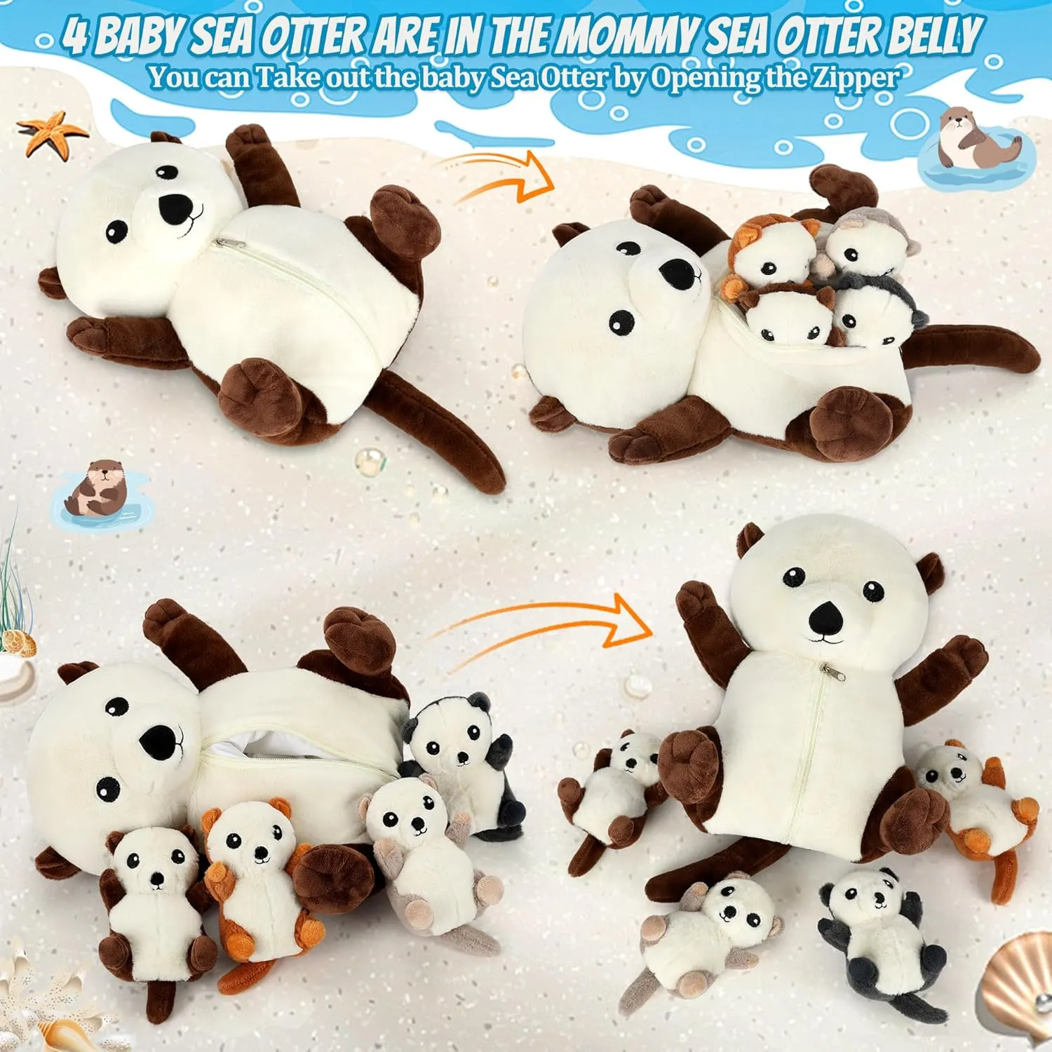 18Inch Sea Otter Stuffed Animal Toys with 4 Babies Soft Plush Otter Inside Washable for Kids Birthday Toddlers Kids Gift