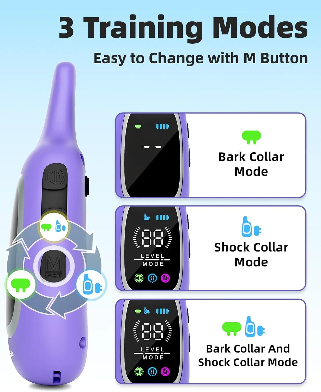 2-in-1 Bark and Shock Collar for Dogs – 3300FT Electric Dog Training Collar with Remote, IP67 Waterproof with Anti-Bark/Beep/Vibration/Shock Modes for Small Medium Large Dog(5-120Lbs)(Purple)