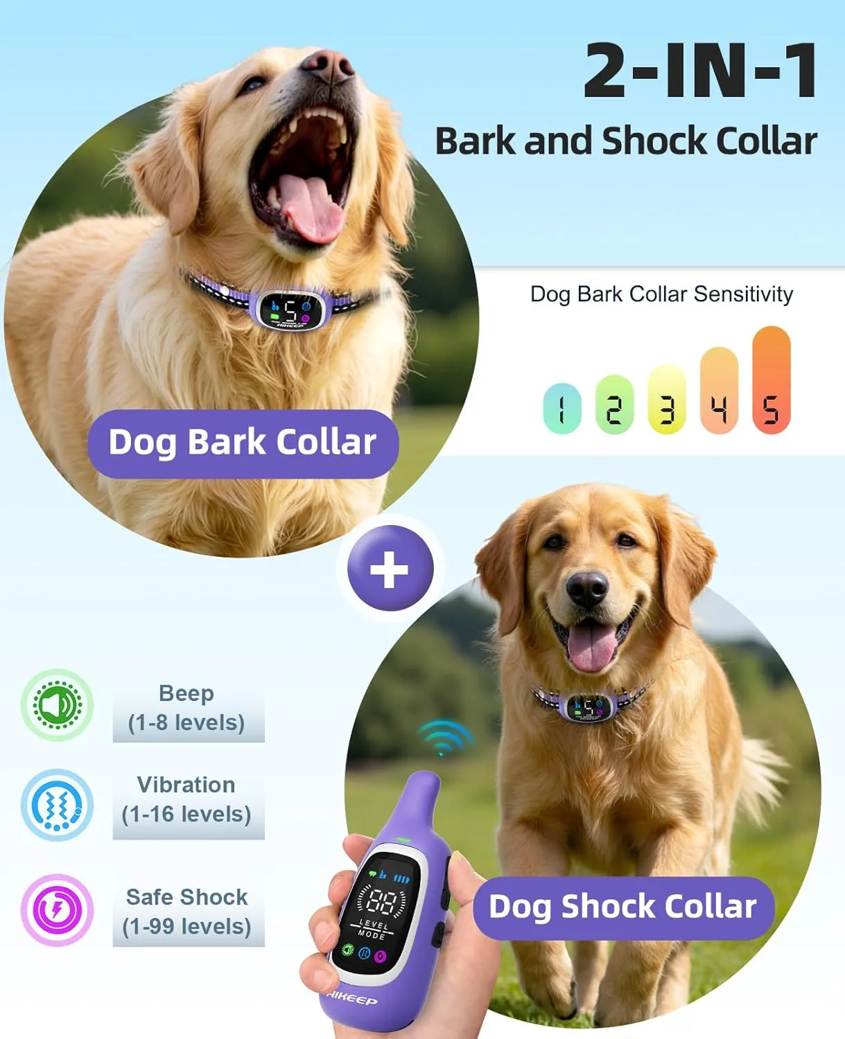 2-in-1 Bark and Shock Collar for Dogs – 3300FT Electric Dog Training Collar with Remote, IP67 Waterproof with Anti-Bark/Beep/Vibration/Shock Modes for Small Medium Large Dog(5-120Lbs)(Purple)