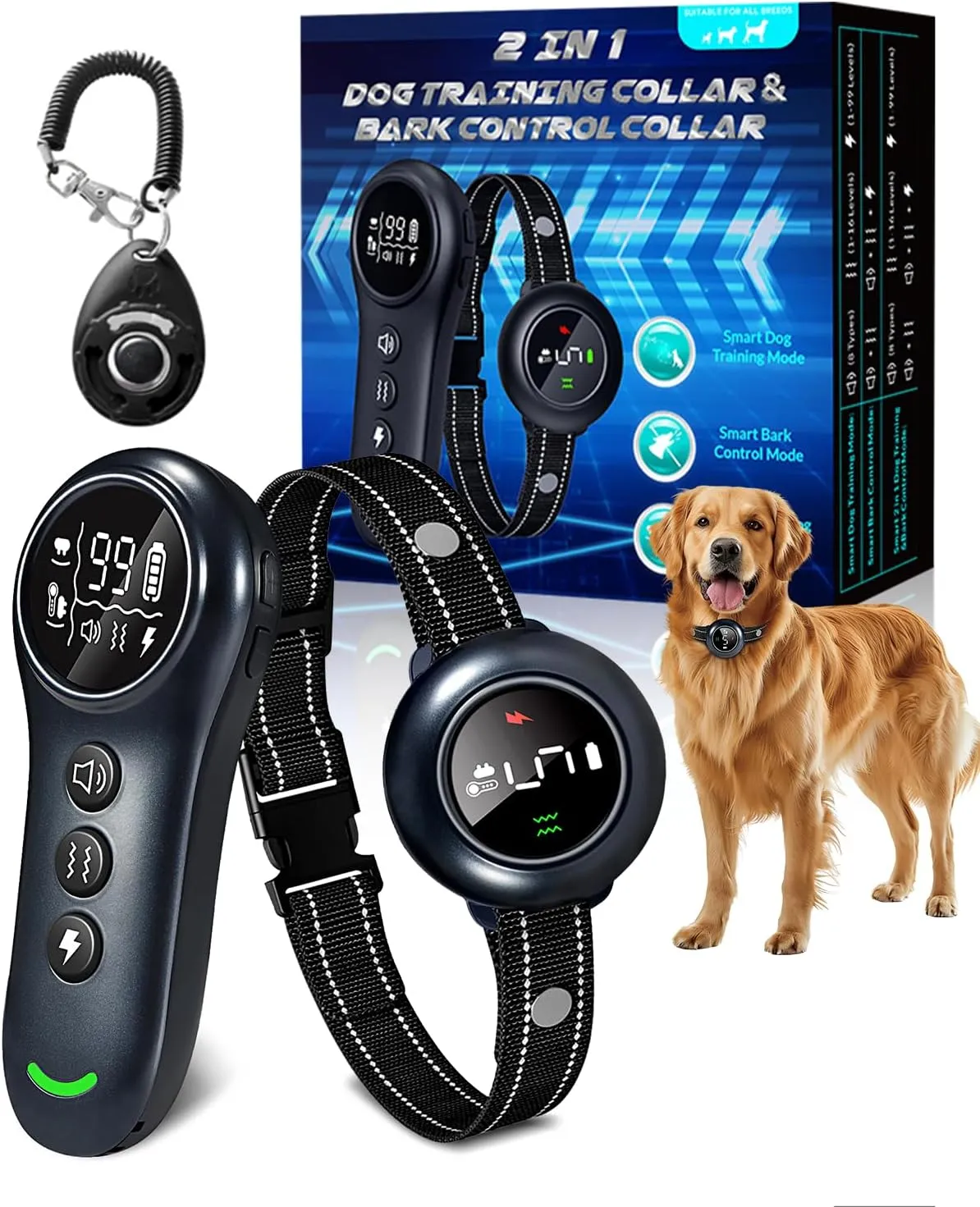 2-in-1 Shock Collar for Dogs, Dog Training Collar - 3300FT Anti Barking Dog Bark Collar with Remote Control IP67 Waterproof, 5 Adjustable Sensitivity for Dogs 10-150lbs, E-Collar Security Lock