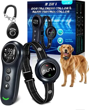 2-in-1 Shock Collar for Dogs, Dog Training Collar - 3300FT Anti Barking Dog Bark Collar with Remote Control IP67 Waterproof, 5 Adjustable Sensitivity for Dogs 10-150lbs, E-Collar Security Lock
