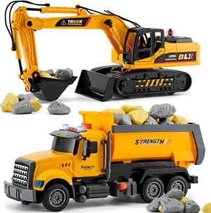 2 Pack Large Construction Engineering Truck Toys,Moveable Claw Excavator & Lifting Back Dump Truck Toy for 3 4 5 6 7 8 Years Old Boys Kids Childs Toddlers Birthday Christmas GIFS