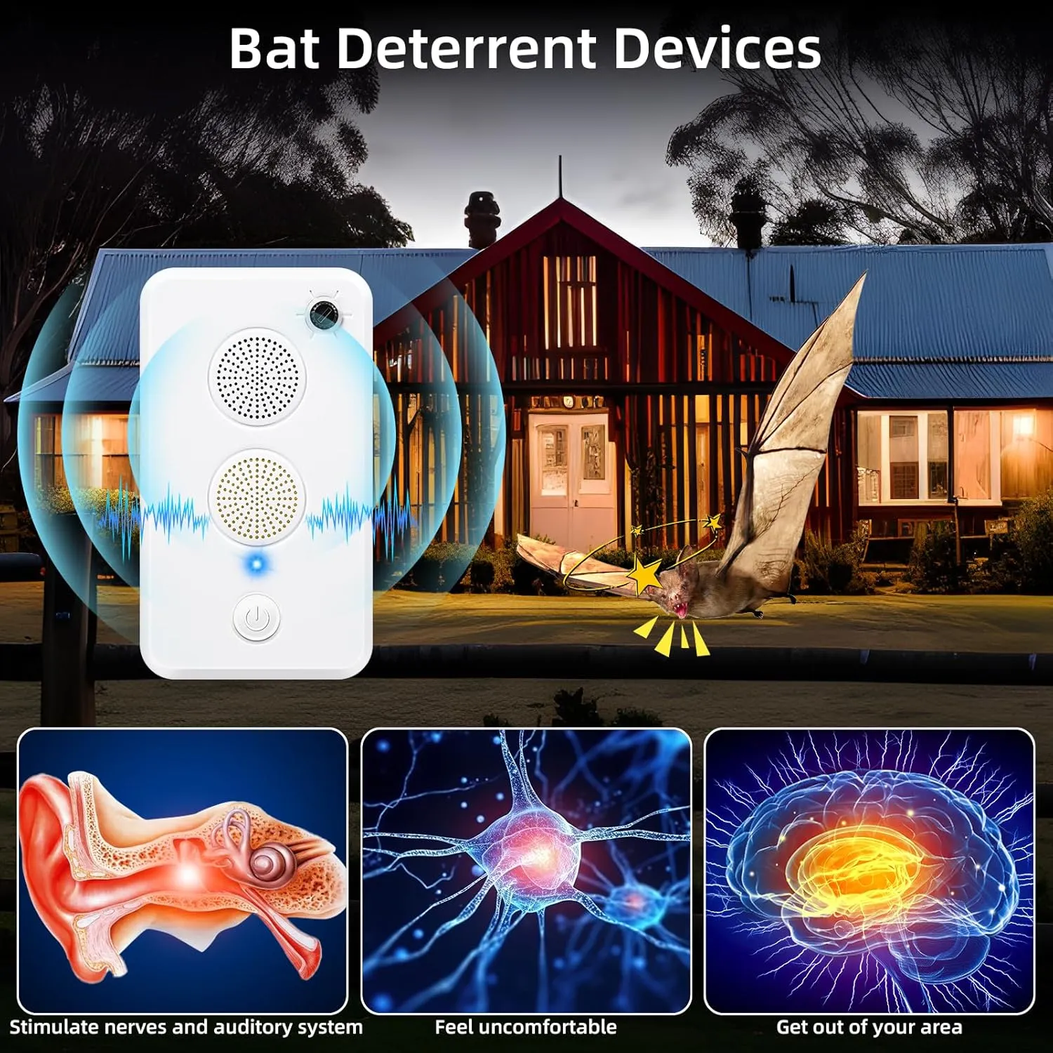2 Pack Ultrasonic Bat Repellent Devices for Attic Porch House Bat Deterrent Devices Keep Away Bats,Rechargeable Bats Repellents Ultrasonic Indoor Outdoor Friendly to Human and Pet