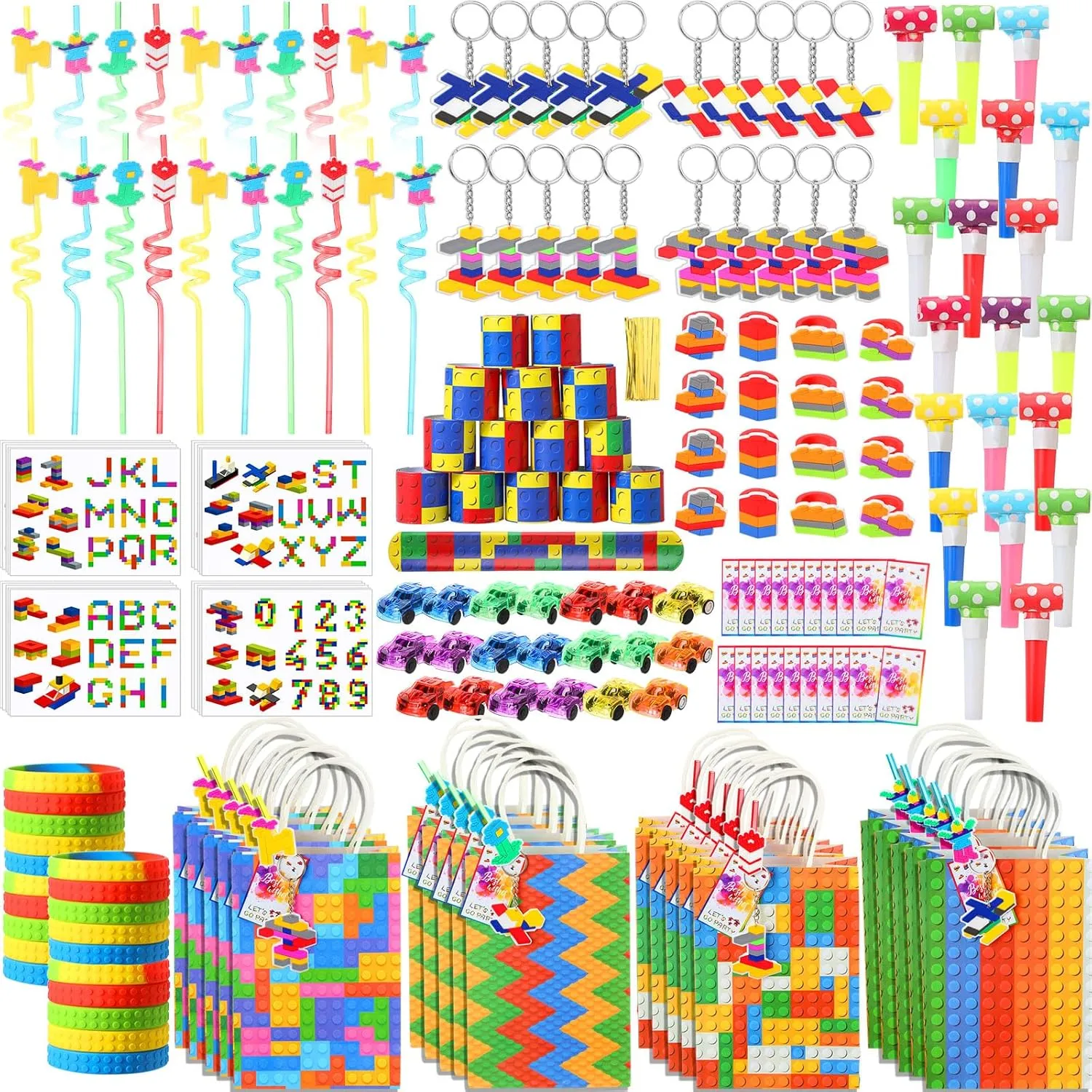 201 Pcs Building Blocks Party Favors with Reusable Drinking Straws Building Blocks Slap Bracelets Keychains Stickers and Gift Bags for Kids Gamer Birthday Party Supplies(Stylish)