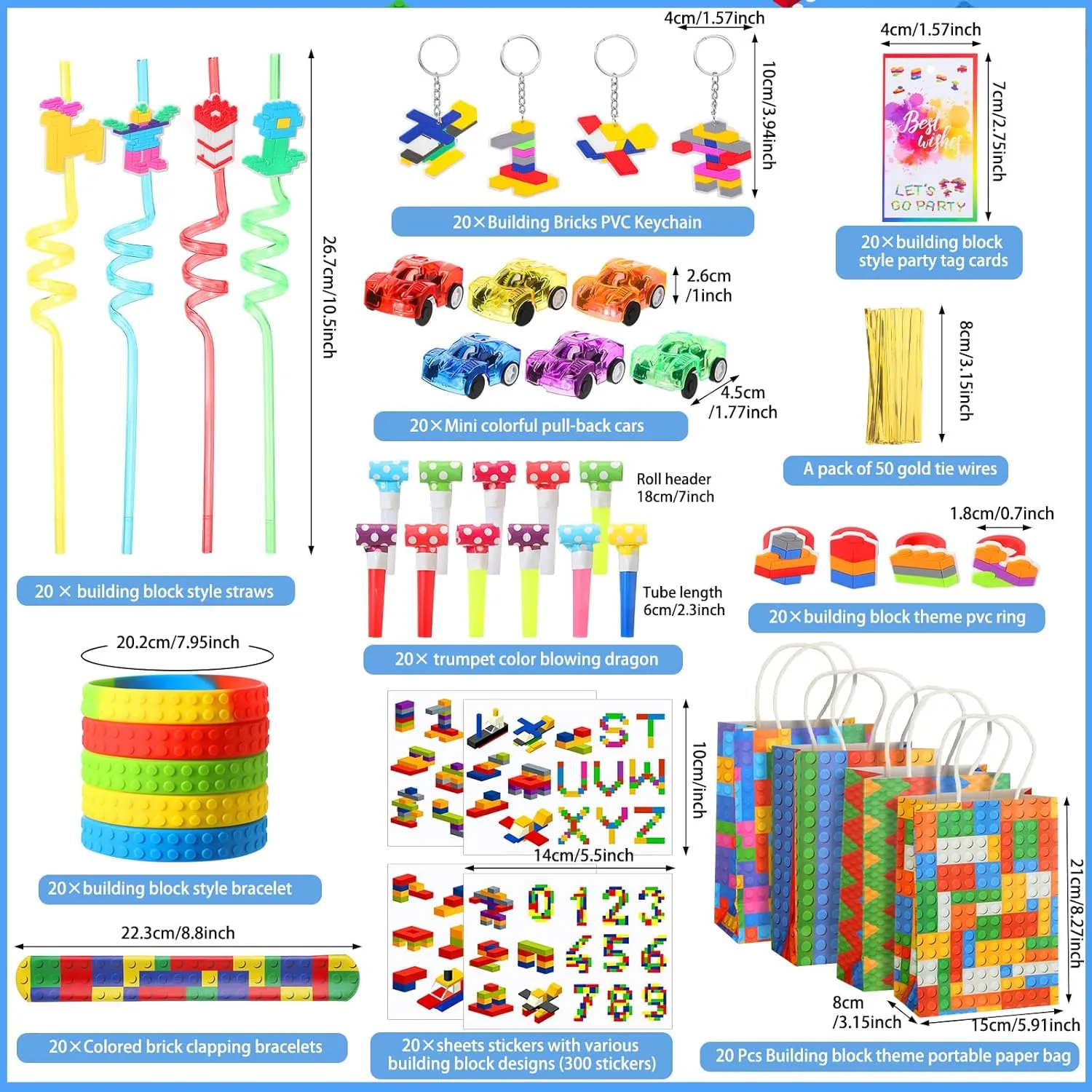 201 Pcs Building Blocks Party Favors with Reusable Drinking Straws Building Blocks Slap Bracelets Keychains Stickers and Gift Bags for Kids Gamer Birthday Party Supplies(Stylish)
