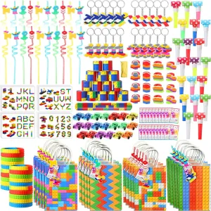 201 Pcs Building Blocks Party Favors with Reusable Drinking Straws Building Blocks Slap Bracelets Keychains Stickers and Gift Bags for Kids Gamer Birthday Party Supplies(Stylish)