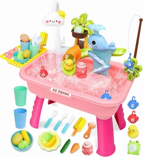 2025 Upgraded Water Table for Toddlers with Electric Water Pump,Mini Play Sink with Detachable Legs, Fishing Game, Kids Kitchen Playset Sink Toy for Girl Boy 3 4 5 6 7 8(Pink)