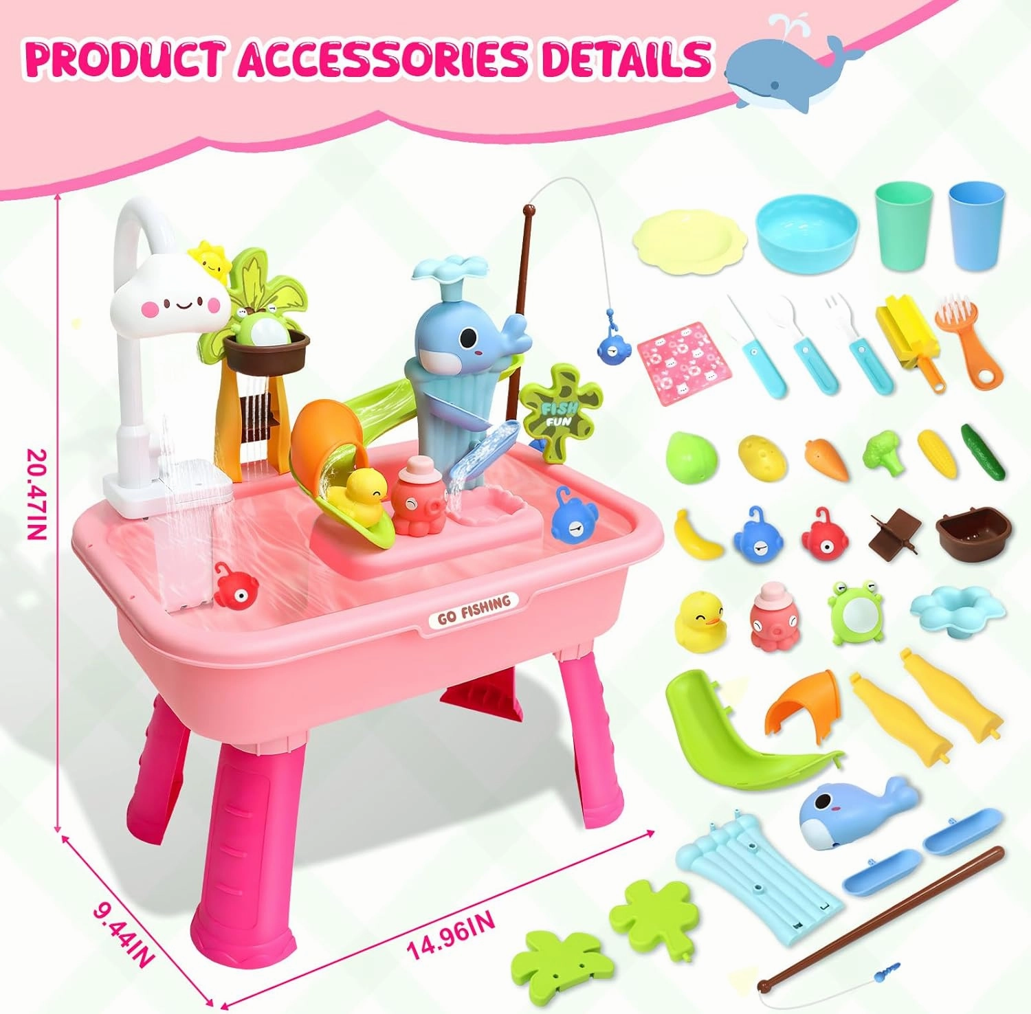 2025 Upgraded Water Table for Toddlers with Electric Water Pump,Mini Play Sink with Detachable Legs, Fishing Game, Kids Kitchen Playset Sink Toy for Girl Boy 3 4 5 6 7 8(Pink)