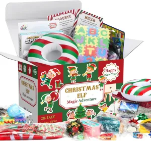 28 Day Christmas Elf Kit, Christmas Adventure Set, 2025 Xmas Countdown for Elf Lovers, Elves Cards, Props and Accessories with Gift Box for Holiday Decorations, Xmas Party Favor