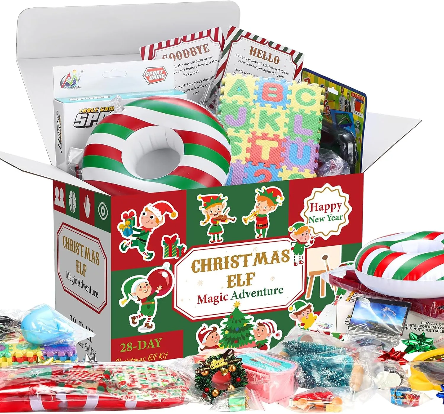 28 Day Christmas Elf Kit, Christmas Adventure Set, 2025 Xmas Countdown for Elf Lovers, Elves Cards, Props and Accessories with Gift Box for Holiday Decorations, Xmas Party Favor