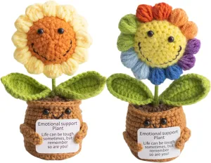 2Pcs Emotional Support Plush Sunflower, Crochet Plant Smile Flowers, Handmade Knitted Flowers Doll, Positive Crochetd Sunflowers Plant Decor with Positive Card, Desk Decor, Encouraging Cheer Up Gifts