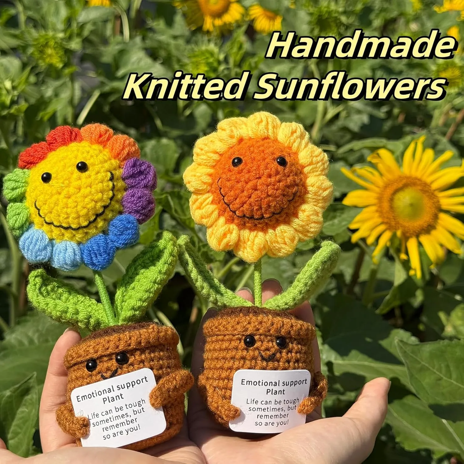 2Pcs Emotional Support Plush Sunflower, Crochet Plant Smile Flowers, Handmade Knitted Flowers Doll, Positive Crochetd Sunflowers Plant Decor with Positive Card, Desk Decor, Encouraging Cheer Up Gifts