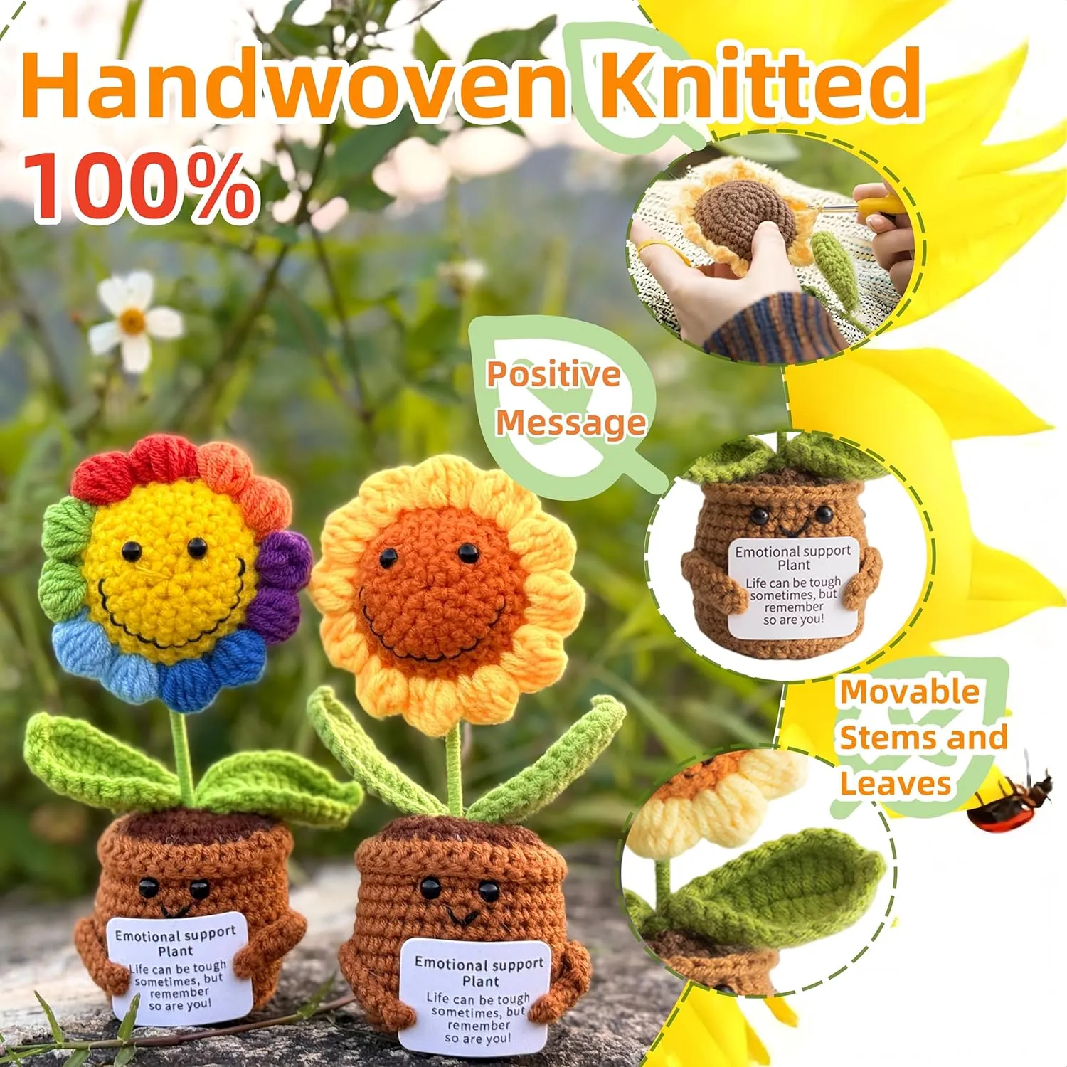 2Pcs Emotional Support Plush Sunflower, Crochet Plant Smile Flowers, Handmade Knitted Flowers Doll, Positive Crochetd Sunflowers Plant Decor with Positive Card, Desk Decor, Encouraging Cheer Up Gifts