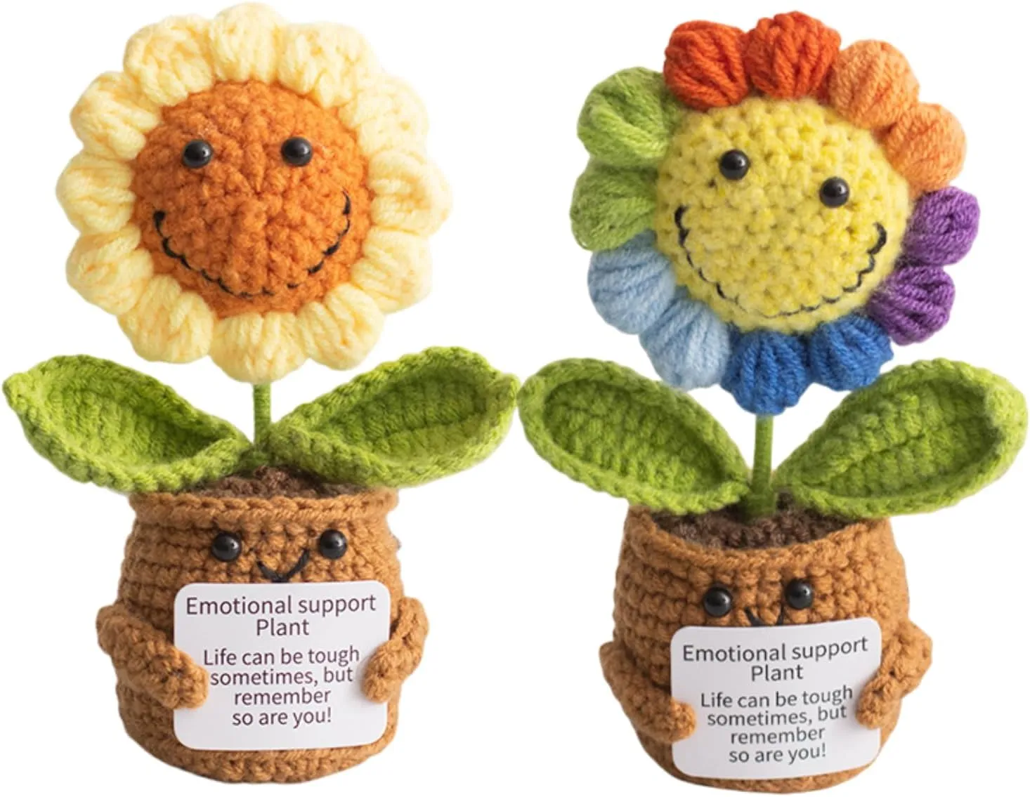 2Pcs Emotional Support Plush Sunflower, Crochet Plant Smile Flowers, Handmade Knitted Flowers Doll, Positive Crochetd Sunflowers Plant Decor with Positive Card, Desk Decor, Encouraging Cheer Up Gifts