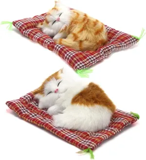 2Pcs Sleeping Cat on Pad Doll Toy, Cute Mini Kitten on Pad with Meows Sounds Decor Hand Toy Gift for Kids Boys Girls