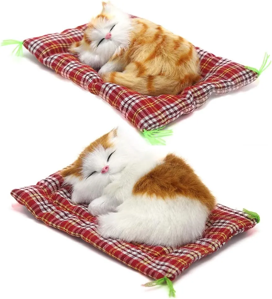 2Pcs Sleeping Cat on Pad Doll Toy, Cute Mini Kitten on Pad with Meows Sounds Decor Hand Toy Gift for Kids Boys Girls