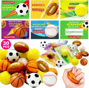 30 Pack Sports Valentines Cards Gifts for Kids School Classroom Squeeze Foam Balls Stress Relief Valentine Exchange Gift Prizes Class Game Valentine Party Favors for Kids Girls Boys
