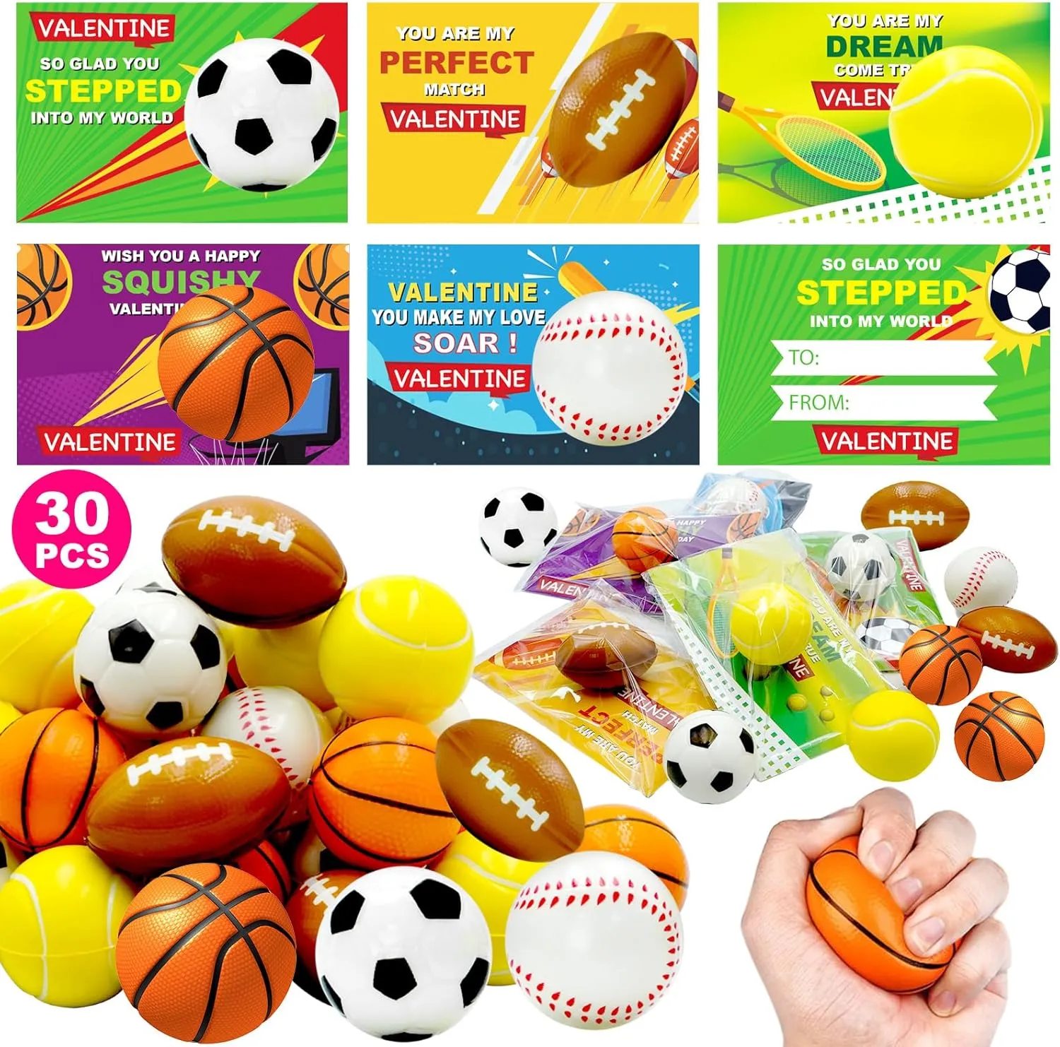 30 Pack Sports Valentines Cards Gifts for Kids School Classroom Squeeze Foam Balls Stress Relief Valentine Exchange Gift Prizes Class Game Valentine Party Favors for Kids Girls Boys