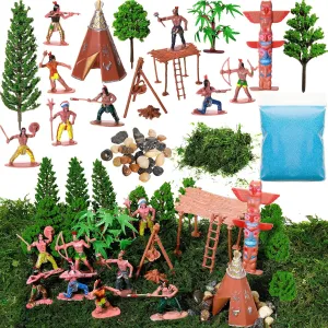 32 Pcs Native American Indians Figures Toys Set, Action Figure Diorama Cowboys Historical People Model Trees Scene Materials Kit for School Diorama Project Kids Educational Birthday Gift