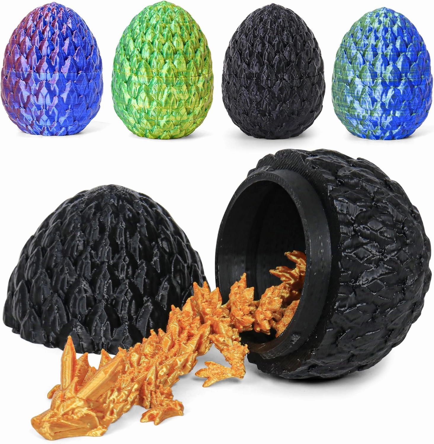 3D Printed Dragon Egg Toy (4 Pack) - Surprise Mystery Inside, Articulated Crystal Dragon, Fidget Sensory Toy for Kids Birthday Surprise & Desk Decor (D)