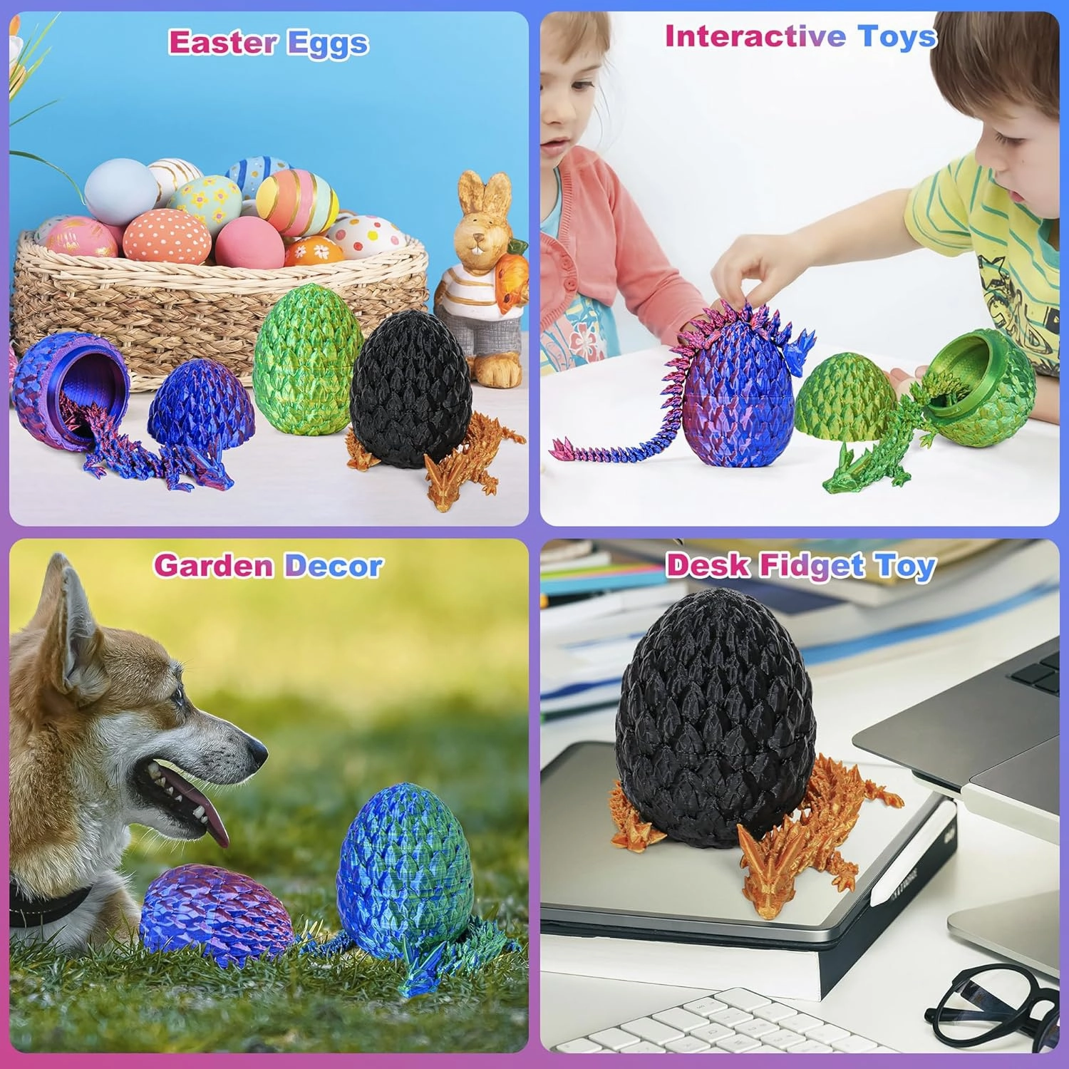 3D Printed Dragon Egg Toy (4 Pack) - Surprise Mystery Inside, Articulated Crystal Dragon, Fidget Sensory Toy for Kids Birthday Surprise & Desk Decor (D)