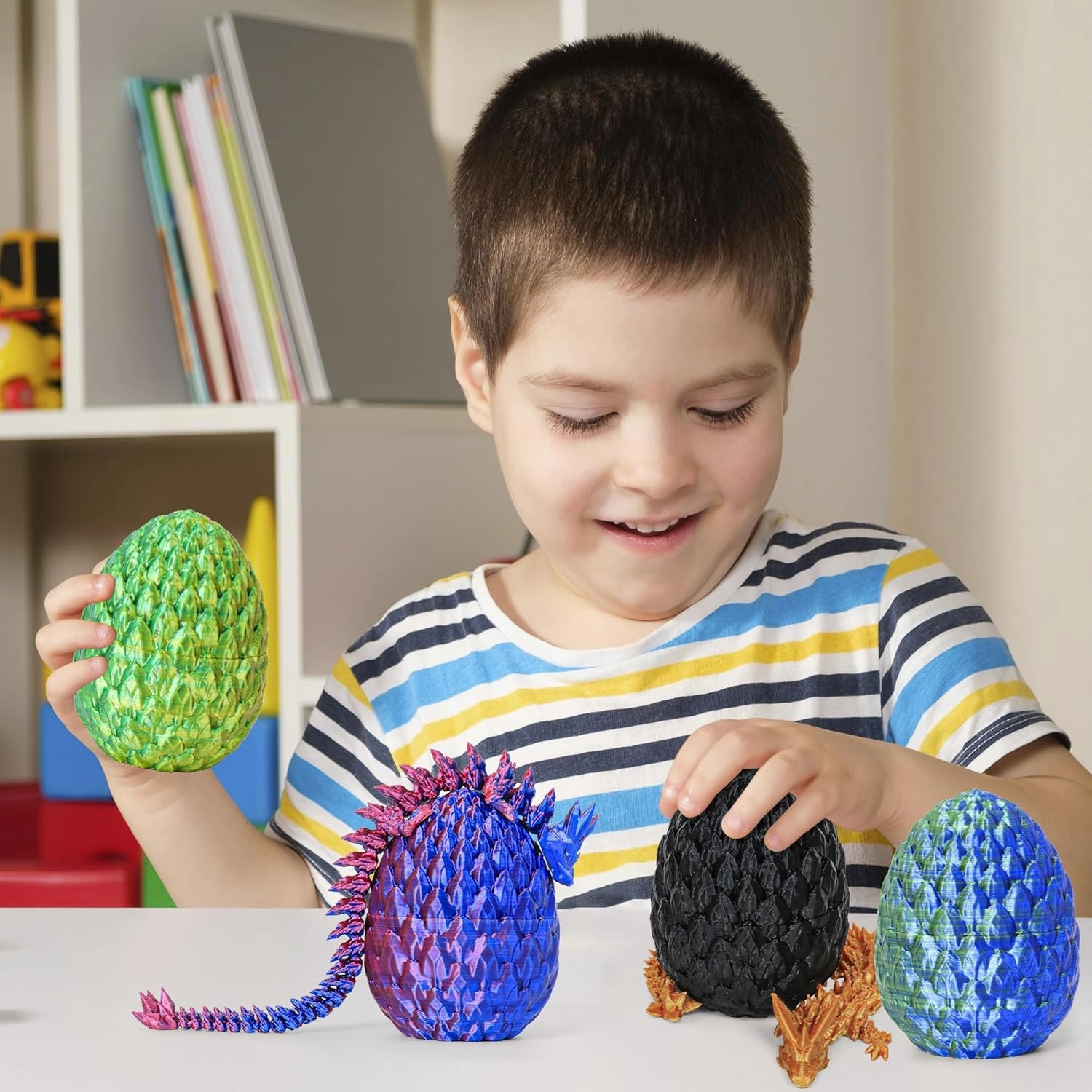 3D Printed Dragon Egg Toy (4 Pack) - Surprise Mystery Inside, Articulated Crystal Dragon, Fidget Sensory Toy for Kids Birthday Surprise & Desk Decor (D)