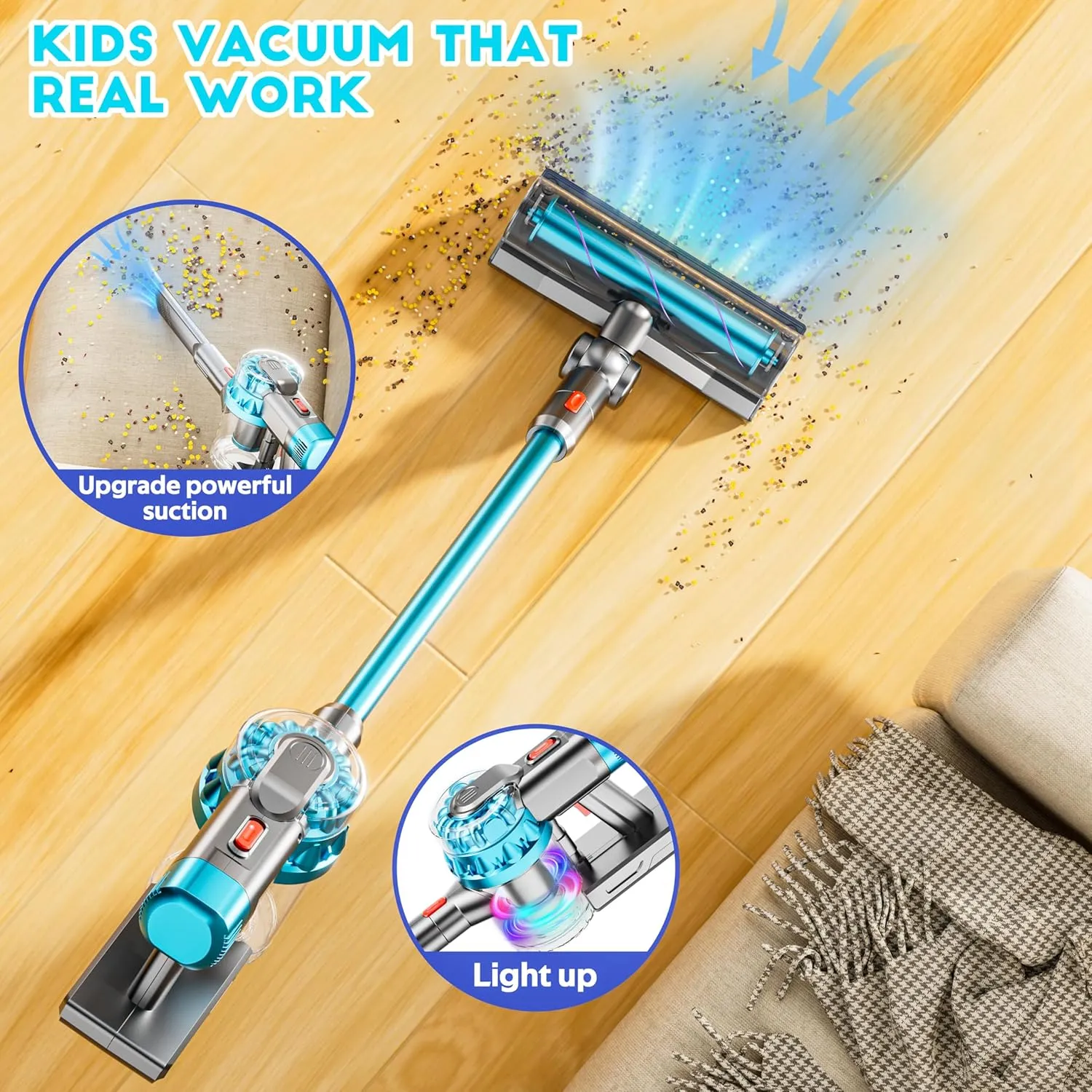 4-in-1 Kids Vacuum That Really Works, Toddler Pretend Play Cleaning Toy Set with Real Suction, Toys Working Cleaner Birthday Idea for 3 4 5 6 7  Year Girl Boy (Cyan)