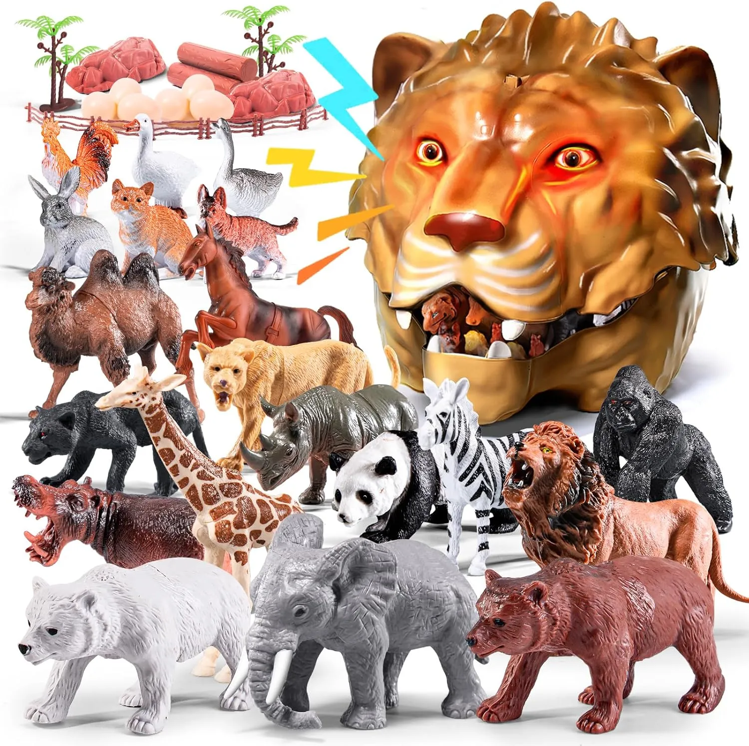 41Pcs Safari Animals Figures Toys–Realistic Jumbo Wild Animals Figurines Plastic African Jungle Animals Playset–Lion,Tiger,Eggs,Trees & Fences–Educational Toys for Kids and Toddlers 3 