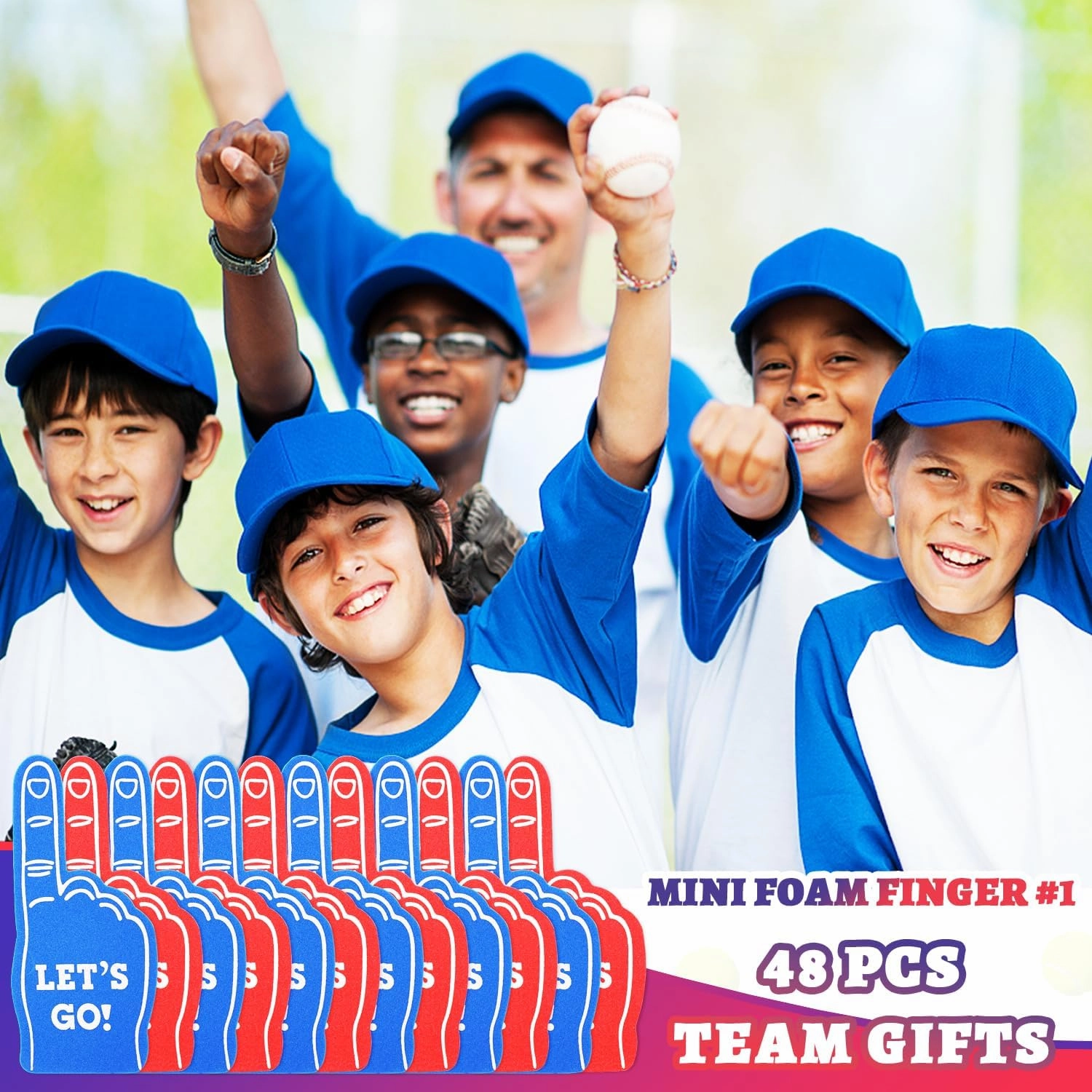 48 Pcs Mini Foam Fingers, We're #1 Sport Fan Foam Finger for Sports Hand Themed Party, Foam Hand Fingers Cheerleader Gifts for Basketball Baseball Soccer Football Sporting Event (Red and Blue)