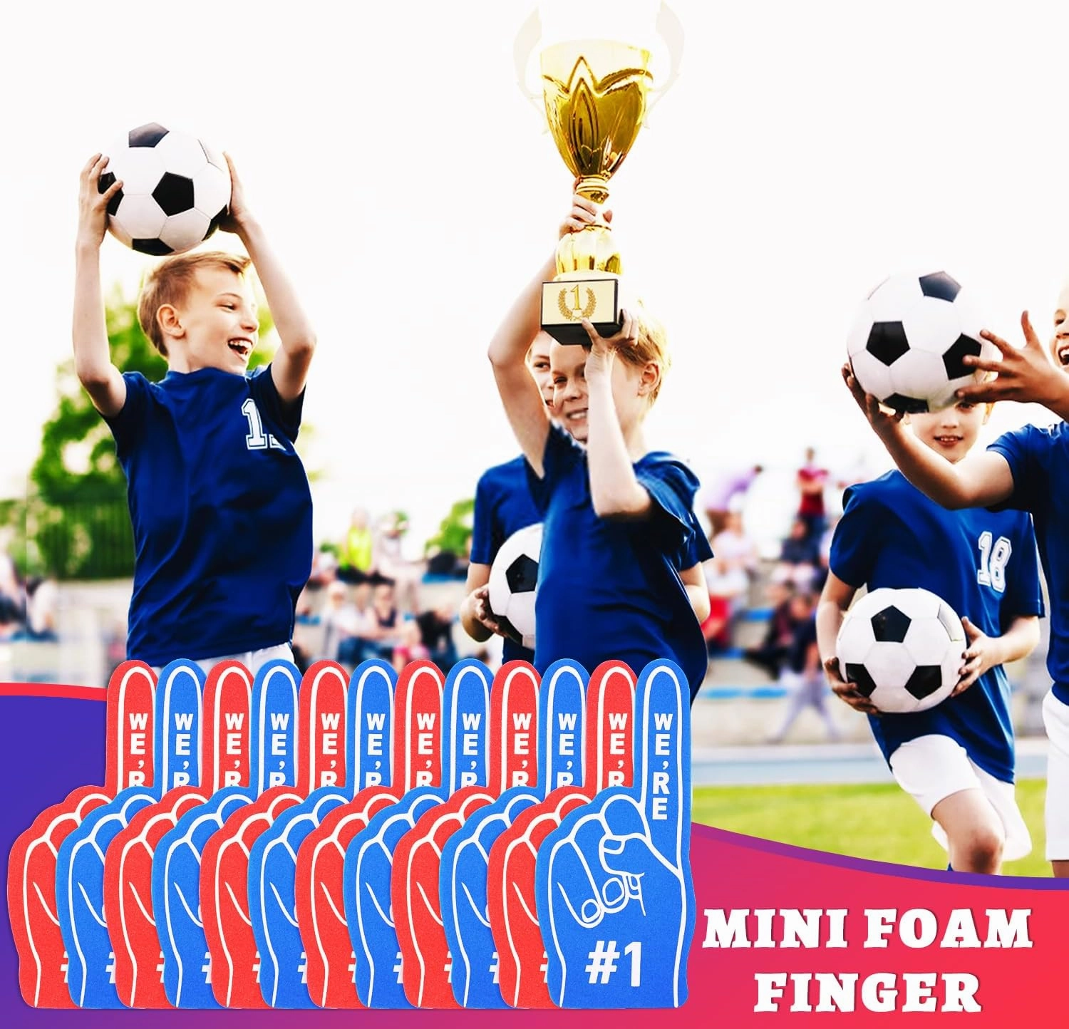 48 Pcs Mini Foam Fingers, We're #1 Sport Fan Foam Finger for Sports Hand Themed Party, Foam Hand Fingers Cheerleader Gifts for Basketball Baseball Soccer Football Sporting Event (Red and Blue)
